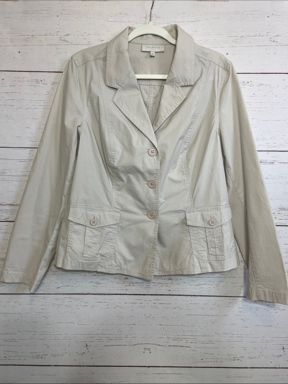 Talbots Light Tan Stretch Button Front Blazer Style Jacket, size 12